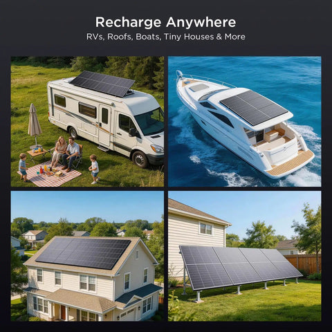 Collage of 200W N-Type Bifacial Solar Panel 16BB High Efficiency on RV, boat, home rooftop, and ground mount setup.