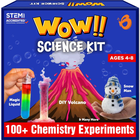 Box of Over 100 Hands On Science Kits For Kids Ages 4 To 8 Fun STEM Experiments Safe Materials Easy Tools Ideal Gift showing volcano and test tube