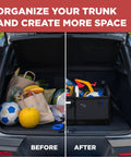 Heavy Duty Trunk Organizer For Cars, SUVs And Trucks With Adjustable Compartments, collapsible design shown in trunk before and after use.