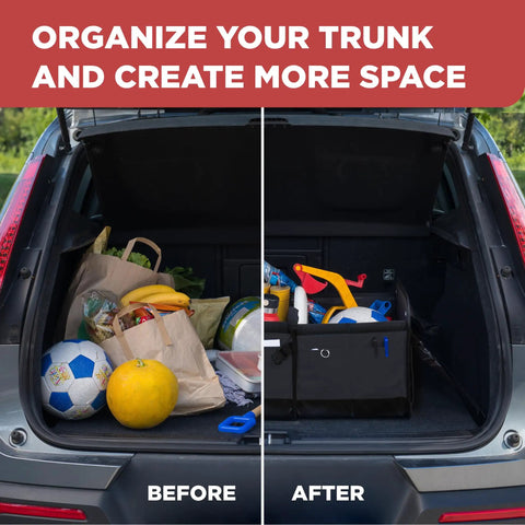 Heavy Duty Trunk Organizer For Cars, SUVs And Trucks With Adjustable Compartments, collapsible design shown in trunk before and after use.