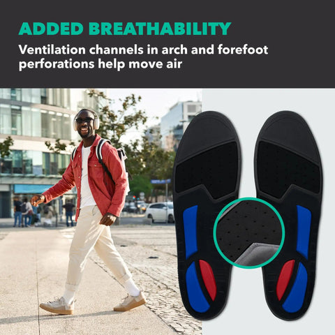 Total Support Max Shoe Insoles showing ventilation channels, for high arches and overpronation relief, fits women nine to ten point five and men eight to nine point five, FSA HSA eligible.