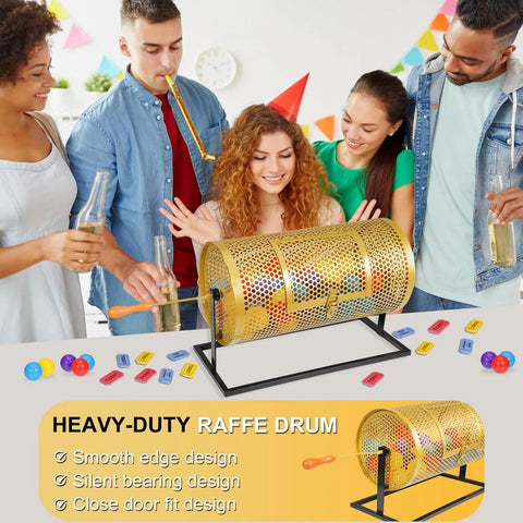 Gold metal raffle drum on black stand with wooden handle; group at party with colorful tickets