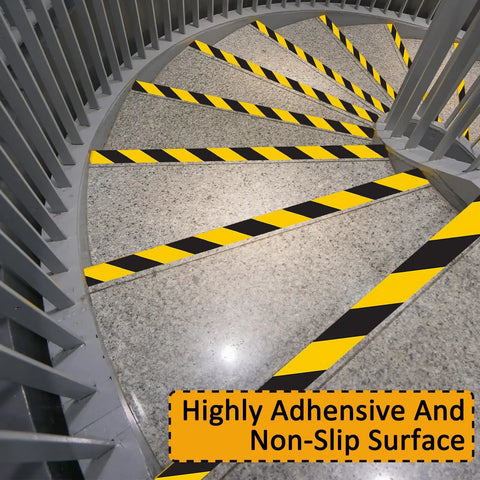 Six Rolls Black And Yellow Caution Tape 2In By 108Ft Floor Marking Tape For Clear Pathways And Safety Zones Pro Grade High Visibility Adhesive Warning Tape For Warehouse Walls Steps Pipes And Equipment installed on stairs
