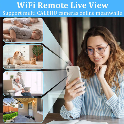 Woman viewing Ultra Tiny WiFi Hidden Camera Nanny Cam 1080P Mini Home Security on phone with live feed of baby, pets, elder, home