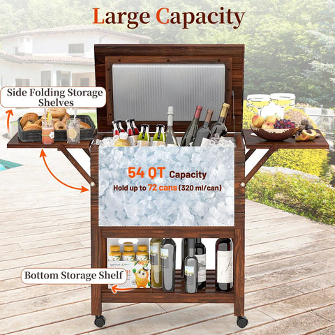 54 Quart Wooden Patio Cooler Cart With Wheels And Foldable Side Shelves Bottle Opener And Bottom Storage Insulated Beverage Cooler
