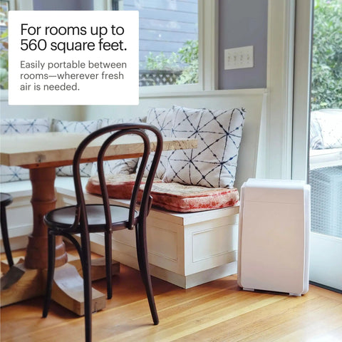 The Real Deal 5 Stage Air Purifier With On Demand Ion Tech And Pure Carbon Layers To Kick Out Dust Smoke And Allergens Inside Rooms Spanning 560 Square Feet in a cozy kitchen setting.