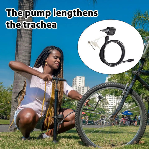 Heavy Duty Universal Air Pump Hose Extension With Leak Free Double Layer Material Versatile Valve Adapter Keeps Knot Free Ensuring Solid Performance Easy Storage Handle Car And Ball Inflation Tasks Without Breaking the Bank At All Right Now. woman inflating bicycle tire with pump hose extension