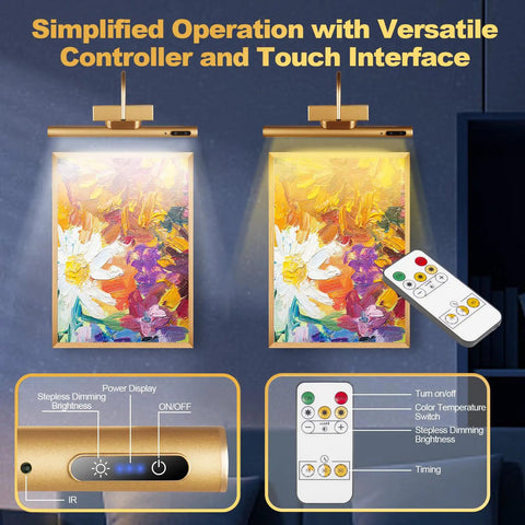 Cordless Picture Light With Dimmable Brightness And Timer, Controller Included, illuminating vibrant art on walls with remote