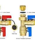 Three Quarter Inch IPS Isolator Tankless Water Heater Service Valve Kit with Brass Isolation Valves, FNPT Threads, and Pressure Relief Valve
