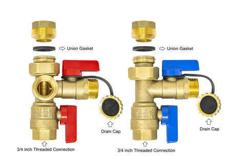 Three Quarter Inch IPS Isolator Tankless Water Heater Service Valve Kit with Brass Isolation Valves, FNPT Threads, and Pressure Relief Valve