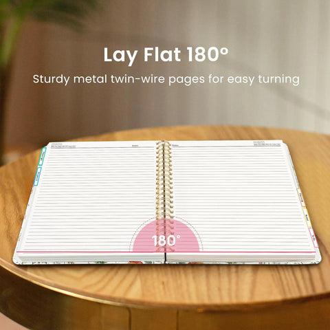 Open Five Subject Spiral Notebook With Removable Dividers And Tabs, 8.5 By 11 Hardcover Journal, College Ruled, on a table