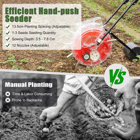 12 Nozzle Manual Seed Planter With 6 Seed Plates for efficient hand-pushing, adjustable spacing and depth on field, manual planting illustration