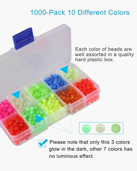 Assorted Fishing Beads Set 1000 Pcs, 5mm Round Float Beads for Rigs and Lures in 10 Colors with Reusable Box, Glow Options Visible