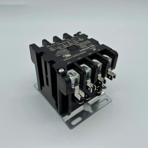 4 Pole 40 Amp 120V Coil Contactor For HVAC And Refrigeration Systems, front angle view, heavy-duty contactor on metal base.