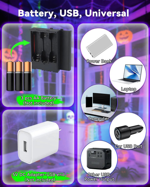 Battery options for 16.4Ft Black Light Strip Kit With USB Plug And Battery Box Two 8.2Ft Strips 300LEDs Neon Glow