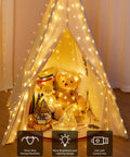 Tent decorated with 300 LED Curtain String Lights 9.8 Ft By 9.8 Ft Warm White USB Powered With 8 Modes And Remote