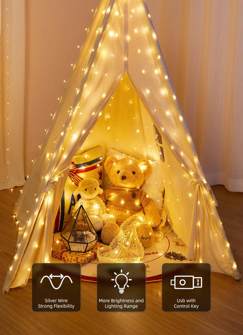 Tent decorated with 300 LED Curtain String Lights 9.8 Ft By 9.8 Ft Warm White USB Powered With 8 Modes And Remote