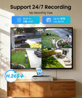 Screen displaying 3K Lite Security Camera System with AI Human and Vehicle Detection, surveillance footage, and H.265 Plus DVR setup.