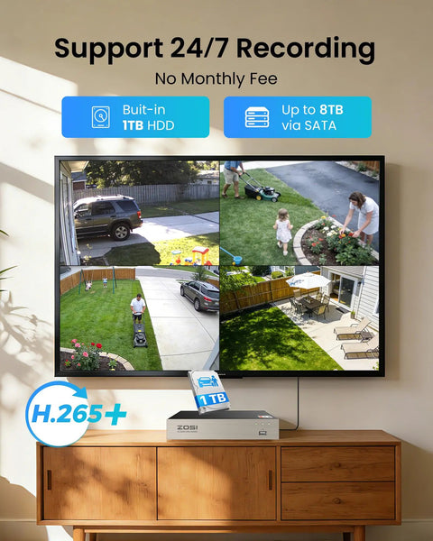Screen displaying 3K Lite Security Camera System with AI Human and Vehicle Detection, surveillance footage, and H.265 Plus DVR setup.