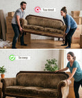 Image shows a couple using Twelve Pack Chair Sliders For Carpet And Hardwood Featuring Grip Tight Self Adhesive Backing to easily move a heavy couch.