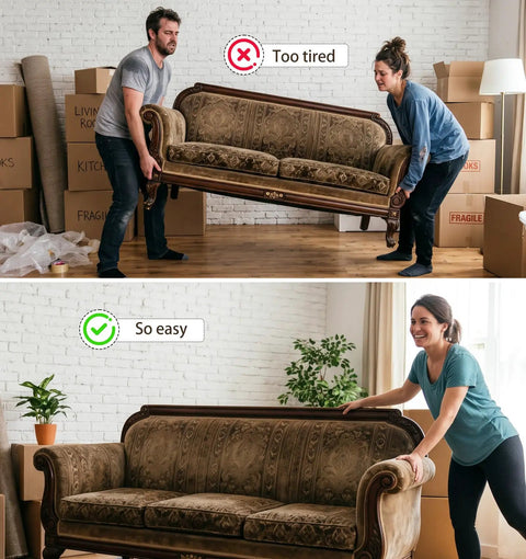 Image shows a couple using Twelve Pack Chair Sliders For Carpet And Hardwood Featuring Grip Tight Self Adhesive Backing to easily move a heavy couch.