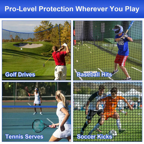 Heavy Duty 10x10 Golf Net For Garage And Backyard in golf, baseball, tennis, soccer play showcasing its versatility.