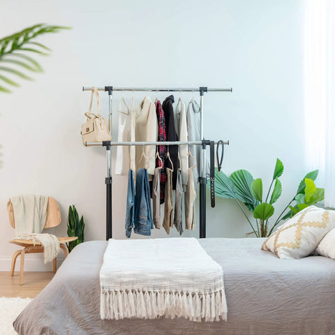 Heavy Duty Double Rod Clothes Rack With Smooth Rolling Lockable Wheels And Height Adjustable Extendable Bar Dead Simple Setup Portable Wardrobe Stand For Coats Dresses Pants Belts Shoes Hang Whatever You Need No Sweat