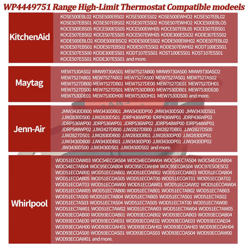 High Limit Oven Thermostat Replacement For Range Ovens Overheat Protection Compatible With Whirlpool KitchenAid JennAir Amana Maytag Double Wall Ovens Replaces 4449751 AP6009390 PS11742549 compatibility chart with model numbers