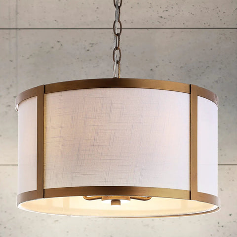 17 Inch Gold And White Metal LED Pendant Light With White Linen Drum Shade For Kitchen Island And Dining Room A Sleek Modern Transitional Ceiling Fixture That Brightens Your Space Includes Four LED Bulbs