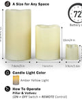 Dimensions and features of Ivory Real Wax Flameless Candles Bundle With Remote And Timer Adjustable Brightness, 3 pillars, and votives.