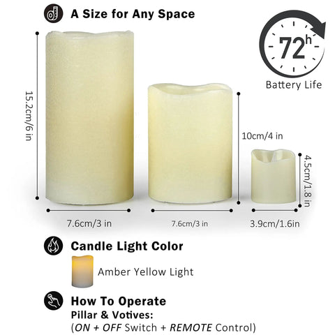 Dimensions and features of Ivory Real Wax Flameless Candles Bundle With Remote And Timer Adjustable Brightness, 3 pillars, and votives.