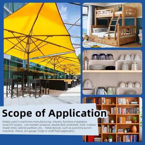 Collage showcasing bunk beds, kitchen shelves, outdoor yellow umbrellas, and bookshelves for 110 Piece Stainless Steel Dowel Pins Kit use.
