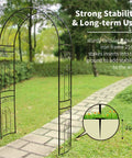 Heavy Duty Rustproof Iron Garden Arbor Wedding Arch shown outdoors, highlighting stability with 21cm stakes in green lawn.
