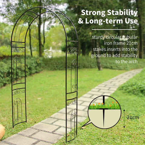 Heavy Duty Rustproof Iron Garden Arbor Wedding Arch shown outdoors, highlighting stability with 21cm stakes in green lawn.
