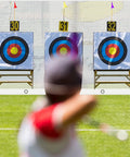 Heavy Duty Archery Backstop Netting 10 X 10 Ft for backyard target practice, showing three target boards in front of netting