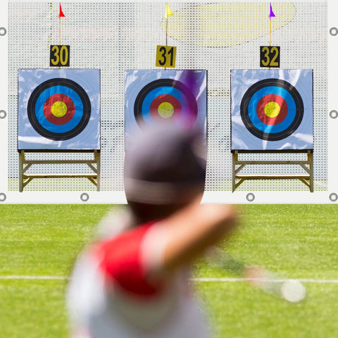 Heavy Duty Archery Backstop Netting 10 X 10 Ft for backyard target practice, showing three target boards in front of netting