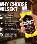 Antique Wood Polish With Lemon Oil And Microfiber Cleaning Towel 12 Ounce bottle held in hand with benefits list in background