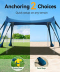 Easy Up Beach Tent Sun Shelter With UPF50 UV Protection 10 By 10 Ft Pop Up Canopy shown with grass pegs and sand bag options on grass and sand.