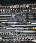 One Quarter Inch Socket Organizer Kit With Twelve Modular Sockets And Six Spacers For Quick Grab And Go Organization Of Your Socket Set Perfect For Gearheads And DIY Pros Durable Expandable And Easy To Access, showing organized socket set with tools in a drawer.