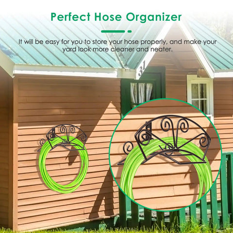 Heavy Duty Garden Hose Holder Wall Mount For 150 Ft Hoses Solid Metal Hanger Bronze Finish installed on house wall
