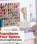 Sewing area with pegboard displaying colorful thread spools, scissors, and a drawing, promoting organized space transformation.