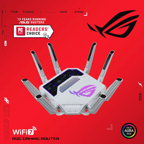 Tri Band WiFi 7 AI Gaming Router with 320 MHz Bandwidth and 4096 QAM Dual 10G Ports AI Game Boost Aura RGB AiMesh Support