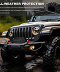 Heavy Duty 600D Oxford Winch Cover Waterproof And Uv Resistant Protector Extends Lifespan Keeps Dust Gravel Rain Away Suitable For Electric Winches 8500 To 17500 Lbs on a Jeep's winch in all-weather environment.