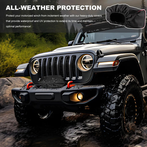 Heavy Duty 600D Oxford Winch Cover Waterproof And Uv Resistant Protector Extends Lifespan Keeps Dust Gravel Rain Away Suitable For Electric Winches 8500 To 17500 Lbs on a Jeep's winch in all-weather environment.