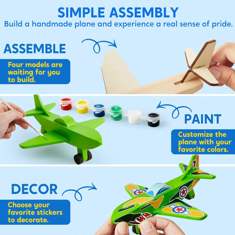 Simple assembly of All In One DIY Wooden Airplane Craft Kit For Kids Ages 6 To 12 Totally Kid Friendly Build Four Aircraft And Paint