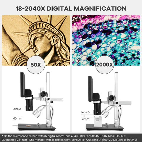 3 Lens UHD Digital Microscope With 2160P HDMI Output And 2000X Magnification For Adults Dope For Soldering Repairs, Coins, Plants, And Biological Slides Crisp Live View For Pro Like Inspection showing 50x and 2000x