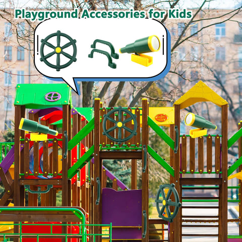 Green playhouse with 4 Piece Kids Outdoor Playset Accessories Featuring A Plastic Steering Wheel Telescoping Telescope And Safety Handles