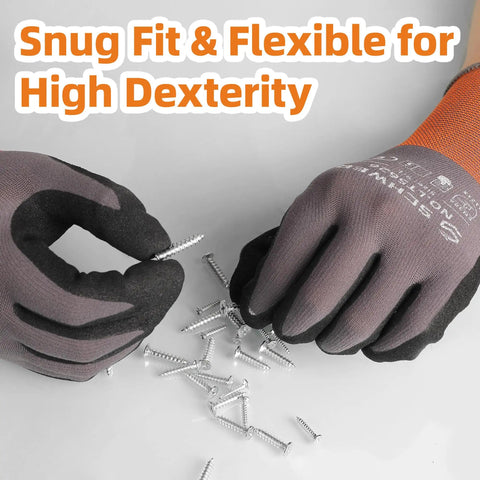 6 Pairs Sandy Nitrile Coated Safety Work Gloves Level 6 Abrasion Resistance, Heavy Duty Grip For Mechanic, Construction, Touchscreen Compatible