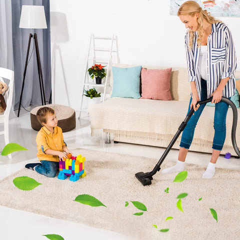 Woman vacuuming living room carpet near child playing with blocks, illustrating use of 6 Pack Reusable Paper Disc Vacuum Filter For Most Wet Dry Vacuums 5 Gallon And Up