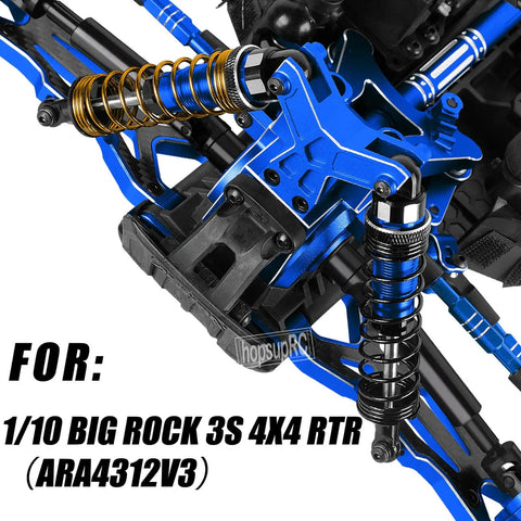 OneTenth Big Rock 3S 4x4 Upgrade Kit showing pro grade aluminum shocks in navy blue on RC vehicle